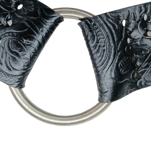 Black Leather Boho Belt Fringe Tassel Silver Metal Rings - Picture 5 of 10